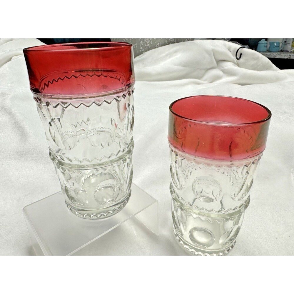 Vintage Indiana Glass Kings Crown Ruby Thumbprint Glasses (2) Tumblers 5 1/2" T